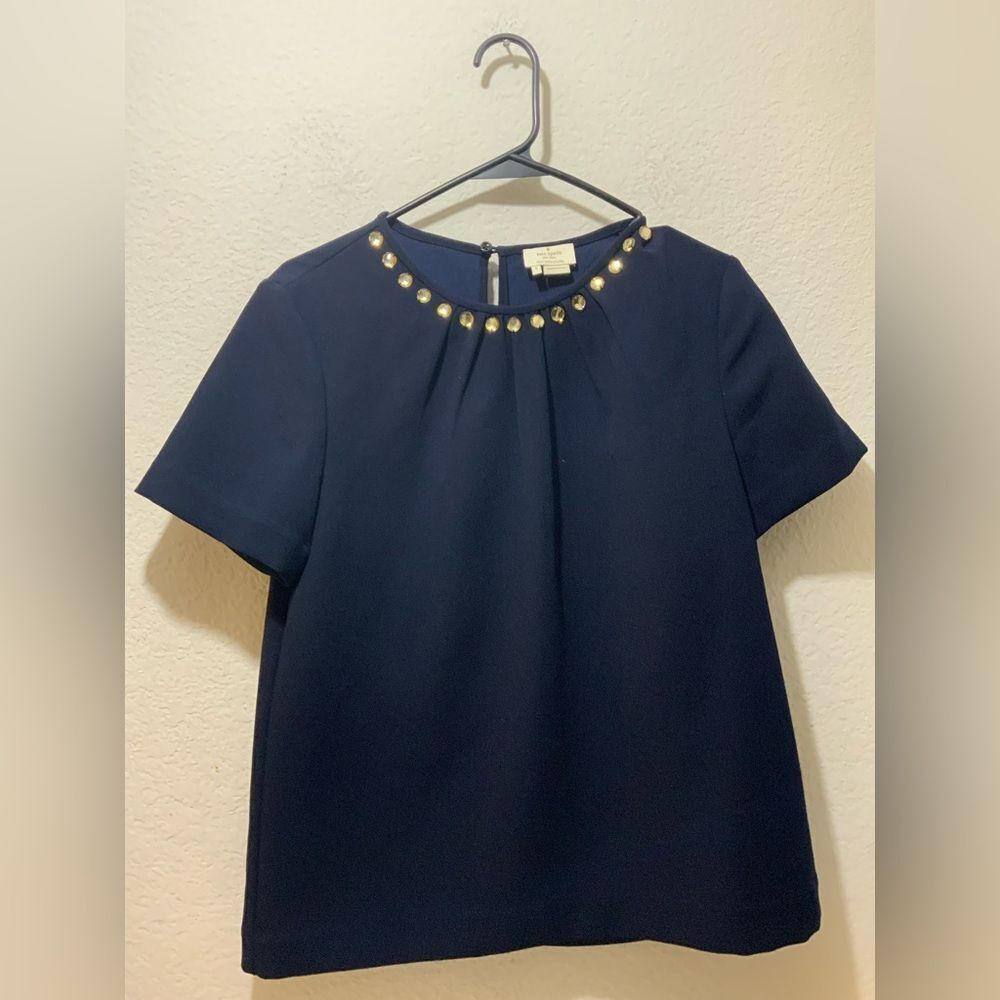 Kate Spade Live Colorfully Blue Top w Embellished Jeweled Neckline size 8